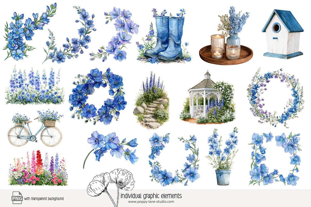 100 watercolour delphinium clip art, a Seasonal Illustration by Poppy Lane Studio (Photo 10 of 12)