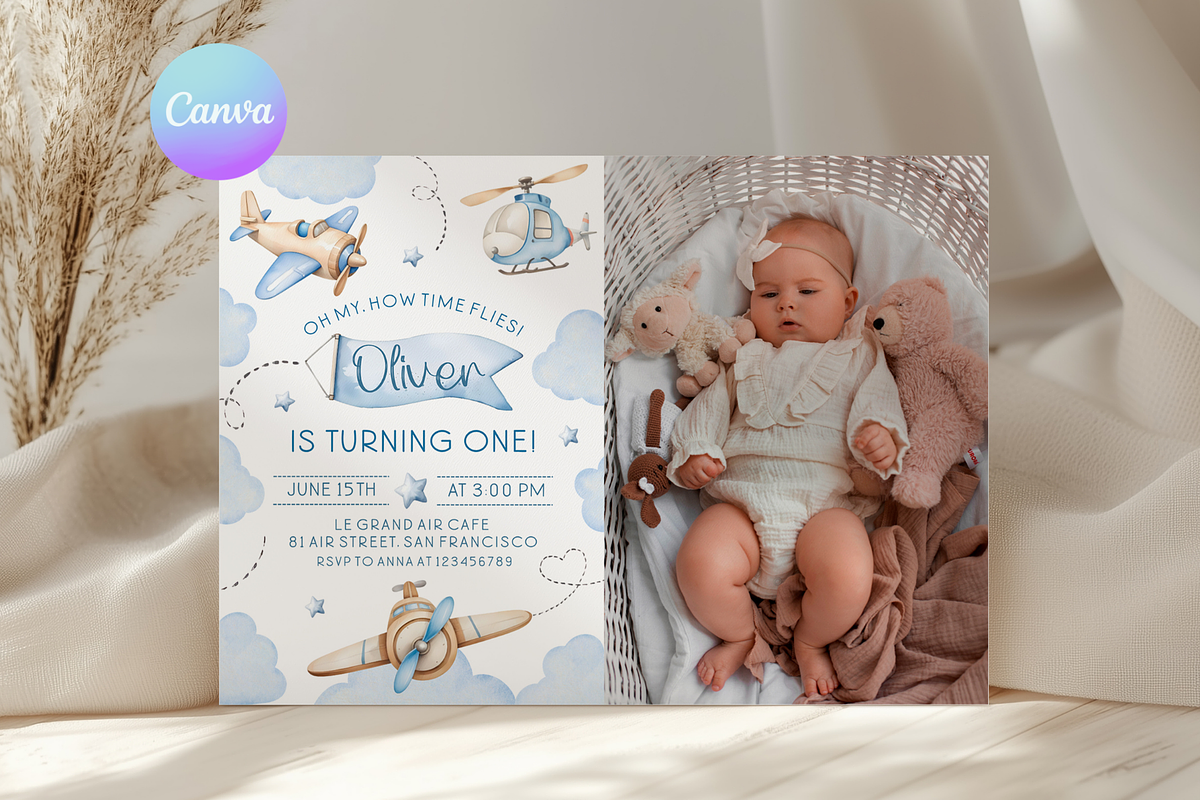 Airplane First Birthday Photo Invite, a Templates & Theme by VeliusCreativeStudio (Photo 1 of 3)