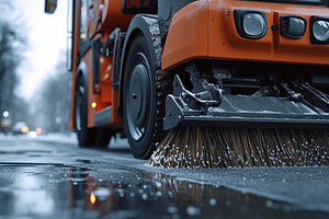 Street sweeper machine cleans wet road in urban area during earl, a Transportation Photo by AlyaAnd