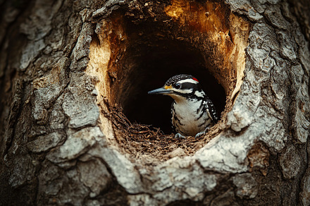Woodpecker bird sitting in a hollow of tree trunk, an Animal Photo by AlyaAnd