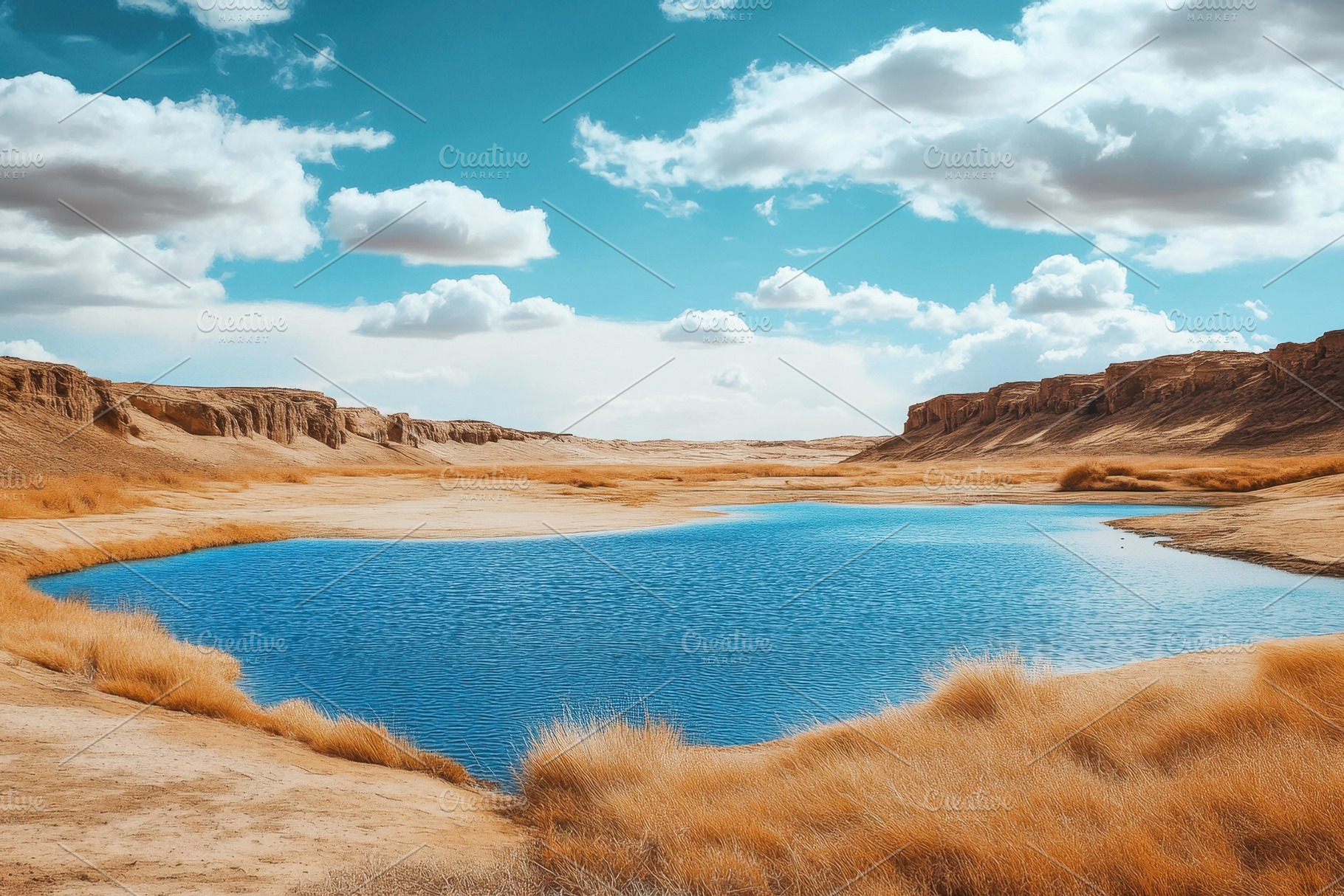Serene desert landscape with a calm, a Photo by Tanuart