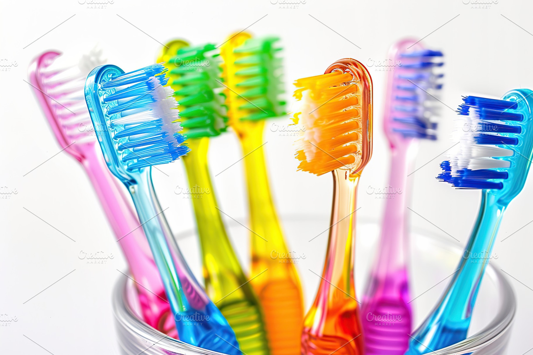 New toothbrushes in glass on white background, a Health & Medical Photo by AlyaAnd