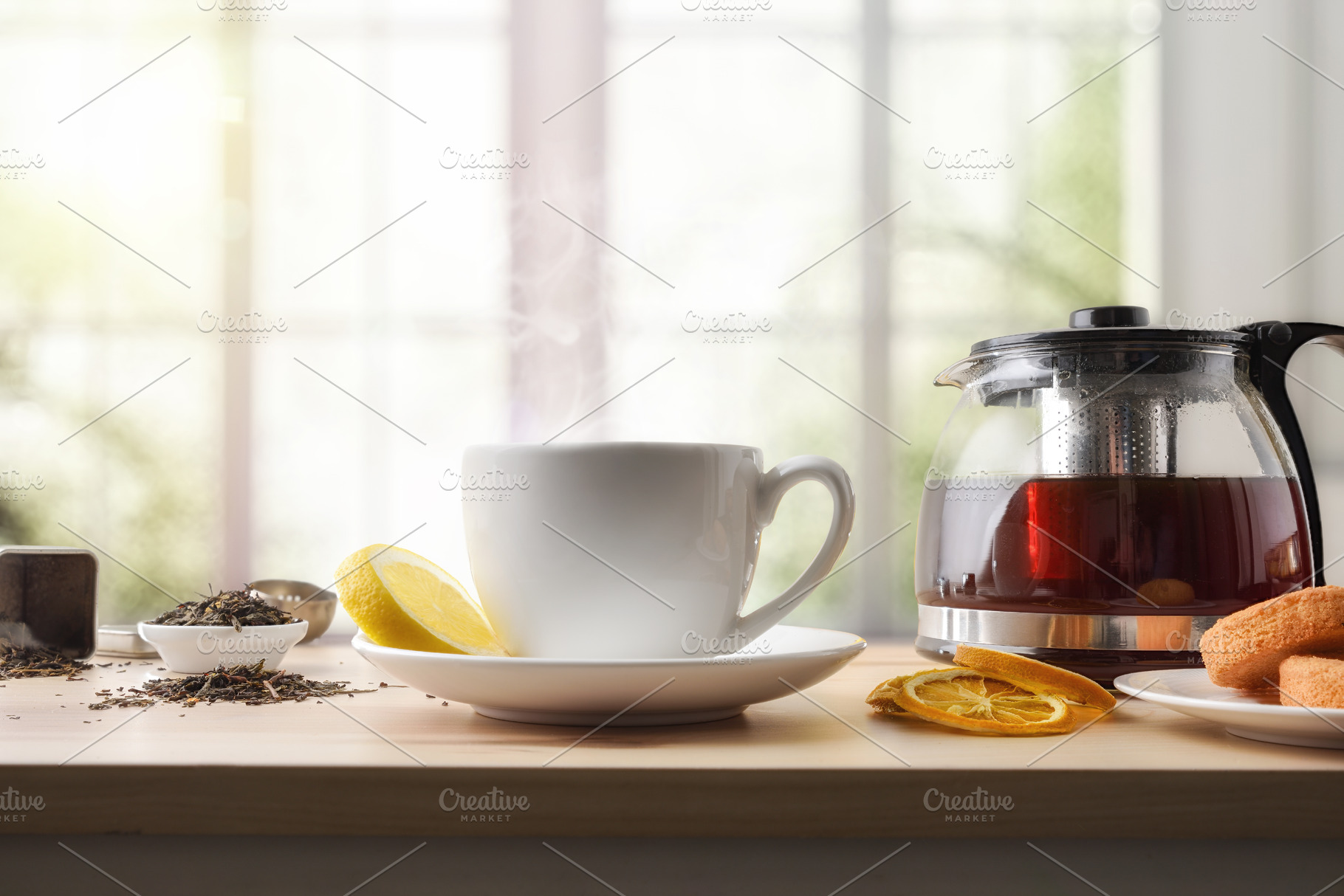 Freshly poured tea on wooden table in room with window, a Food & Drink Photo by Davizro's Market