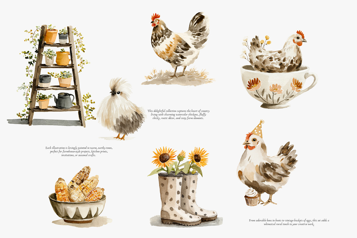 watercolor rustic hens barnyard bird, an Illustration by Patishop Art (Photo 4 of 8)