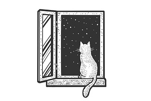 cat in night window sketch vector, a Background Graphic by AlexArt