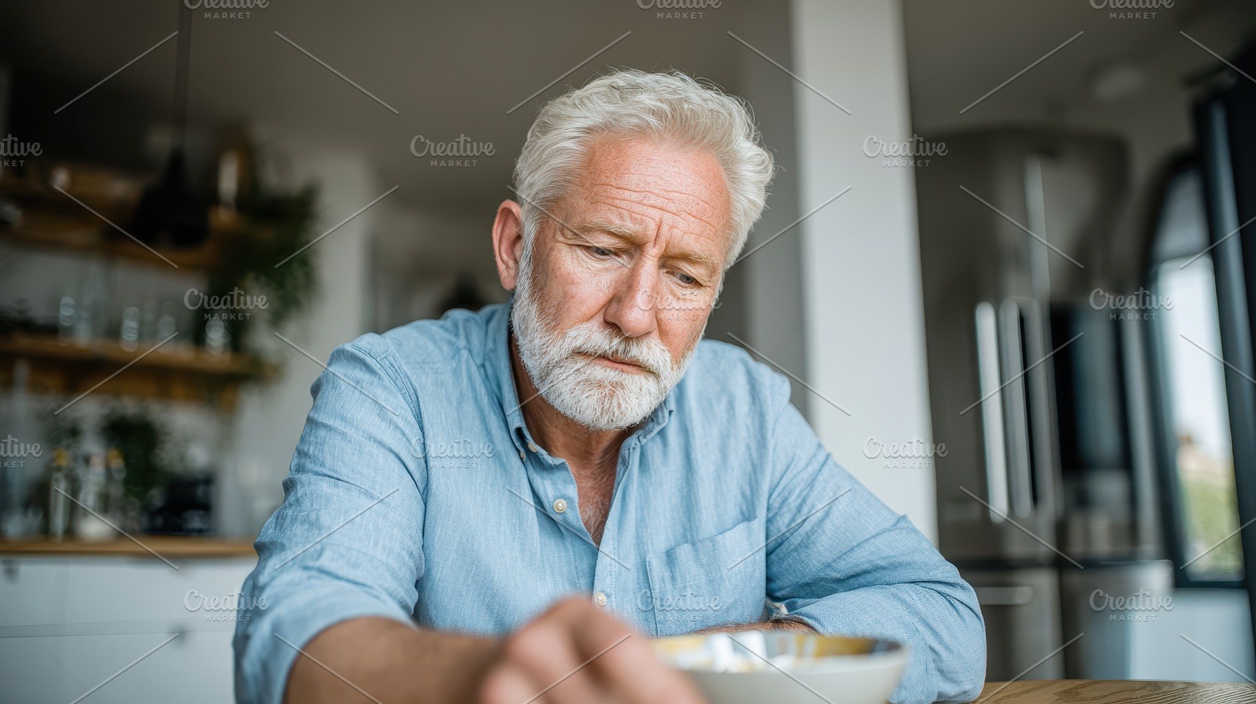 Senior man thoughtfully eating break, a Photo by Pixeness Studio