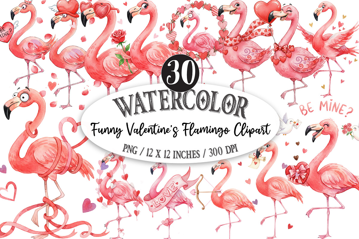 Funny Valentine's Flamingo Clipart, an Illustration by Designking (Photo 1 of 5)