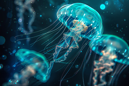 A group of jellyfish gracefully swim, a Photo by Tanuart