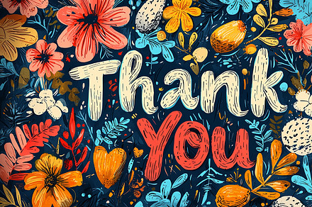 Colorful thank you lettering with floral background illustration