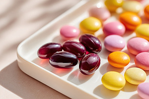 Colorful candy assortment with dark purple jelly candies on a white tray, a Photo by AlyaAnd