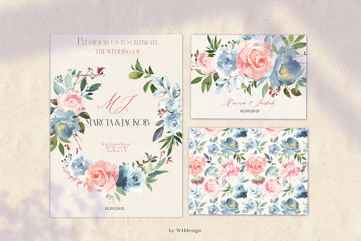 Blush & Dusty Blue Floral Clipart, a Decorative Illustration by whiteheartdesign (Photo 7 of 11)
