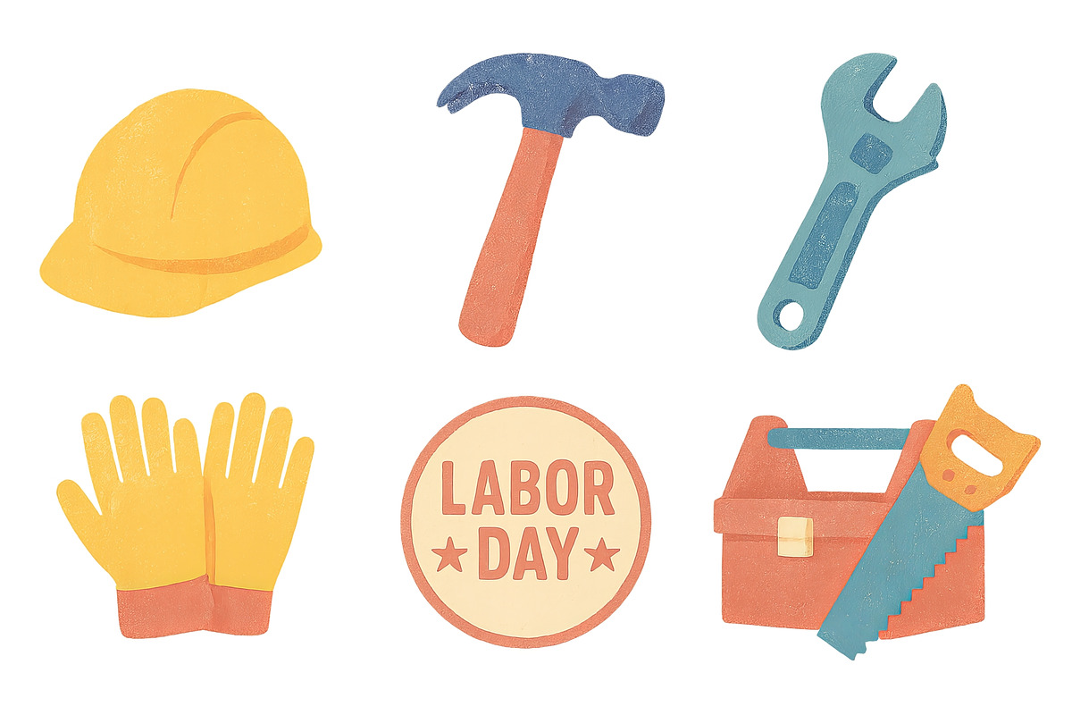 Labor Day icon set with tools and ha, an Illustration by Dvoevnore photos