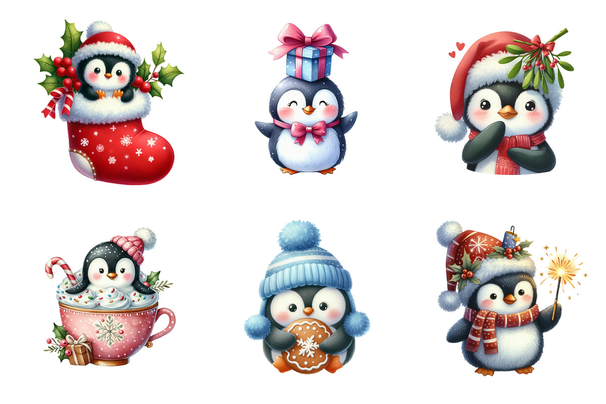 Watercolor Winter Penguin Clipart, an Illustration by SinaCreation (Photo 3 of 7)