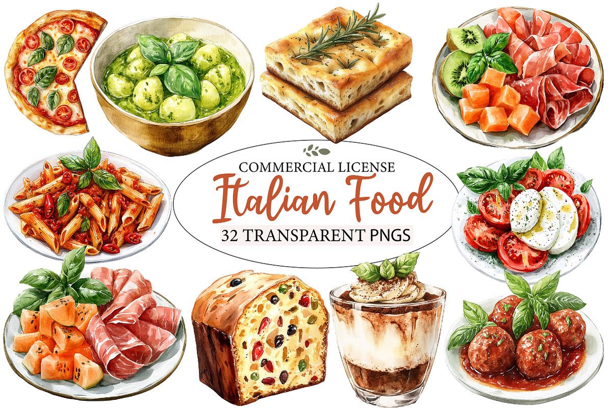 Italian Food  Watercolor clipart, an Illustration by Designworld (Photo 1 of 7)