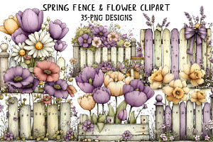 Spring Fence & Flower Clipart, an Illustration by Daily.Designs