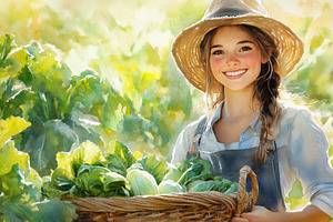A young girl with a straw hat smiles while holding a basket of fresh vegetables, a Person Photo by Textures & Backgrounds
