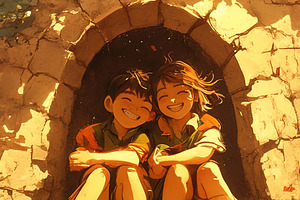 Two children sitting by an old stone archway smiling in warm sunlight, a Photo by AS photostudio