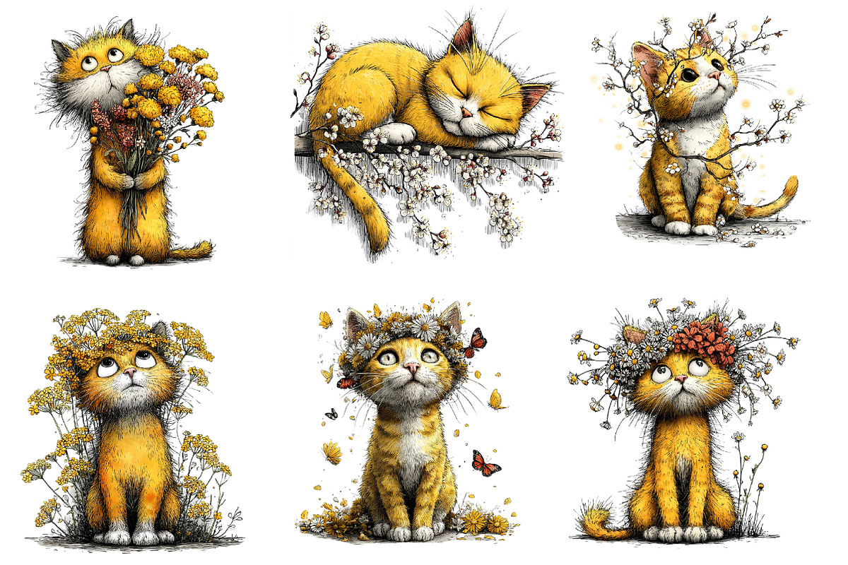 Whimsical Spring Cats Clipart, an Illustration by Dream Creation (Photo 3 of 6)