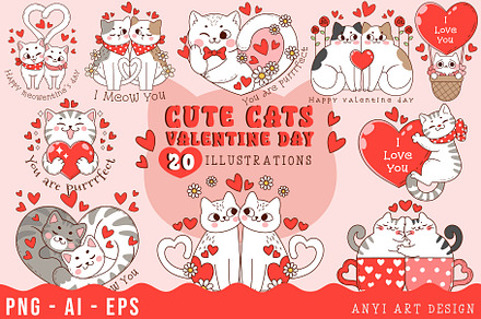 Cute Cats Valentines Day, an Animal Illustration by anyiartdesign
