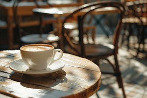 Cup of coffee on table in cafe on blurred background, sunlights and outdoors, a Food & Drink Photo by AlyaAnd