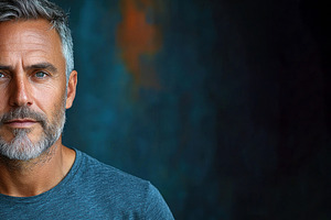 Serious mature man with gray hair and beard wearing a blue shirt, a Person Photo by José Manuel Gelpi