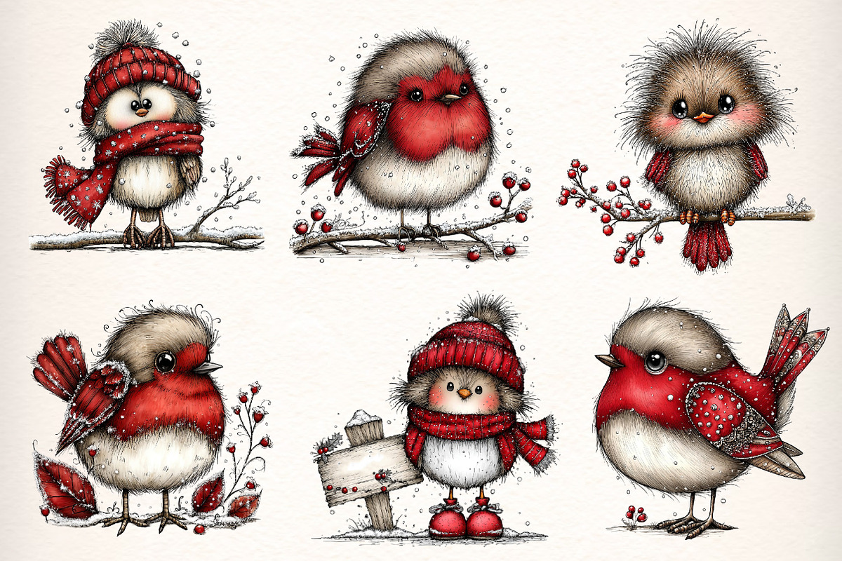 Whimsical Winter Robin Birds Clipart, an Illustration by Dream Creation (Photo 2 of 7)