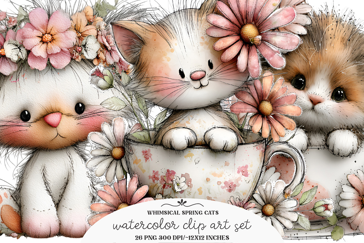 Whimsical Spring Cats Clipart, an Illustration by GatewayDesign (Photo 3 of 3)