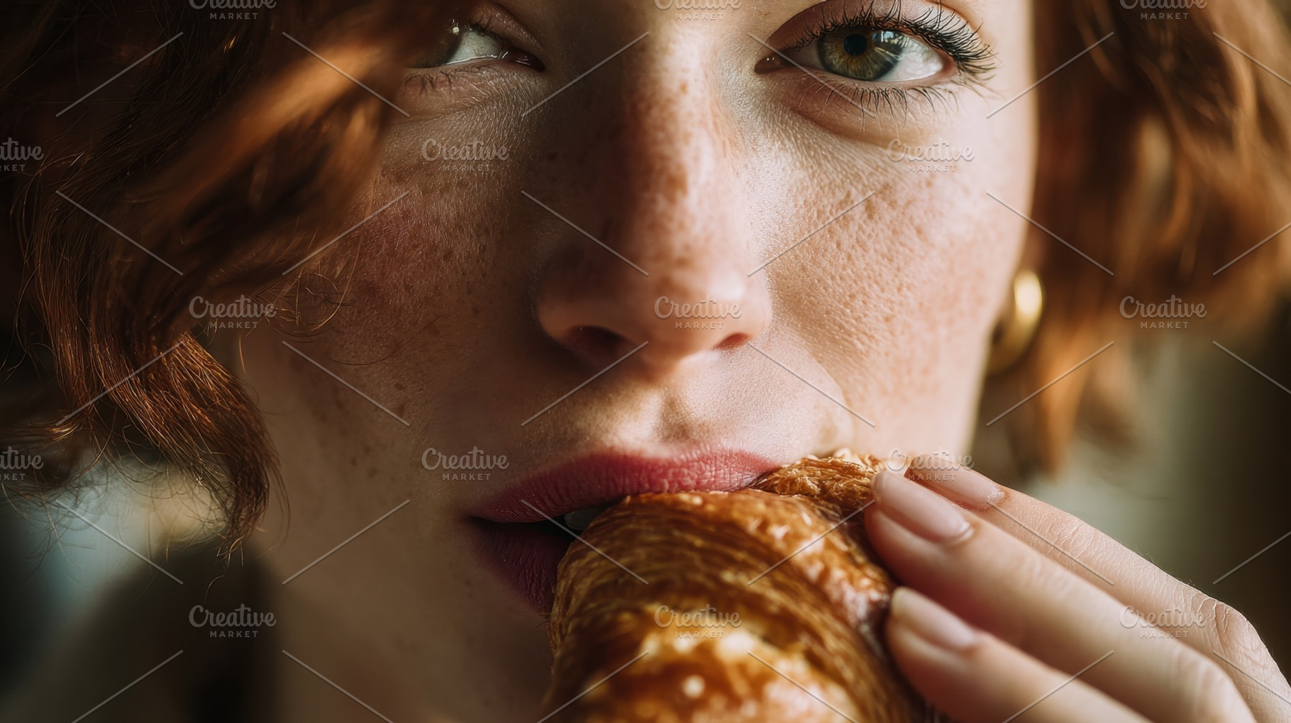 Woman enjoying a croissant in a cafe, a Photo by Beautiful things