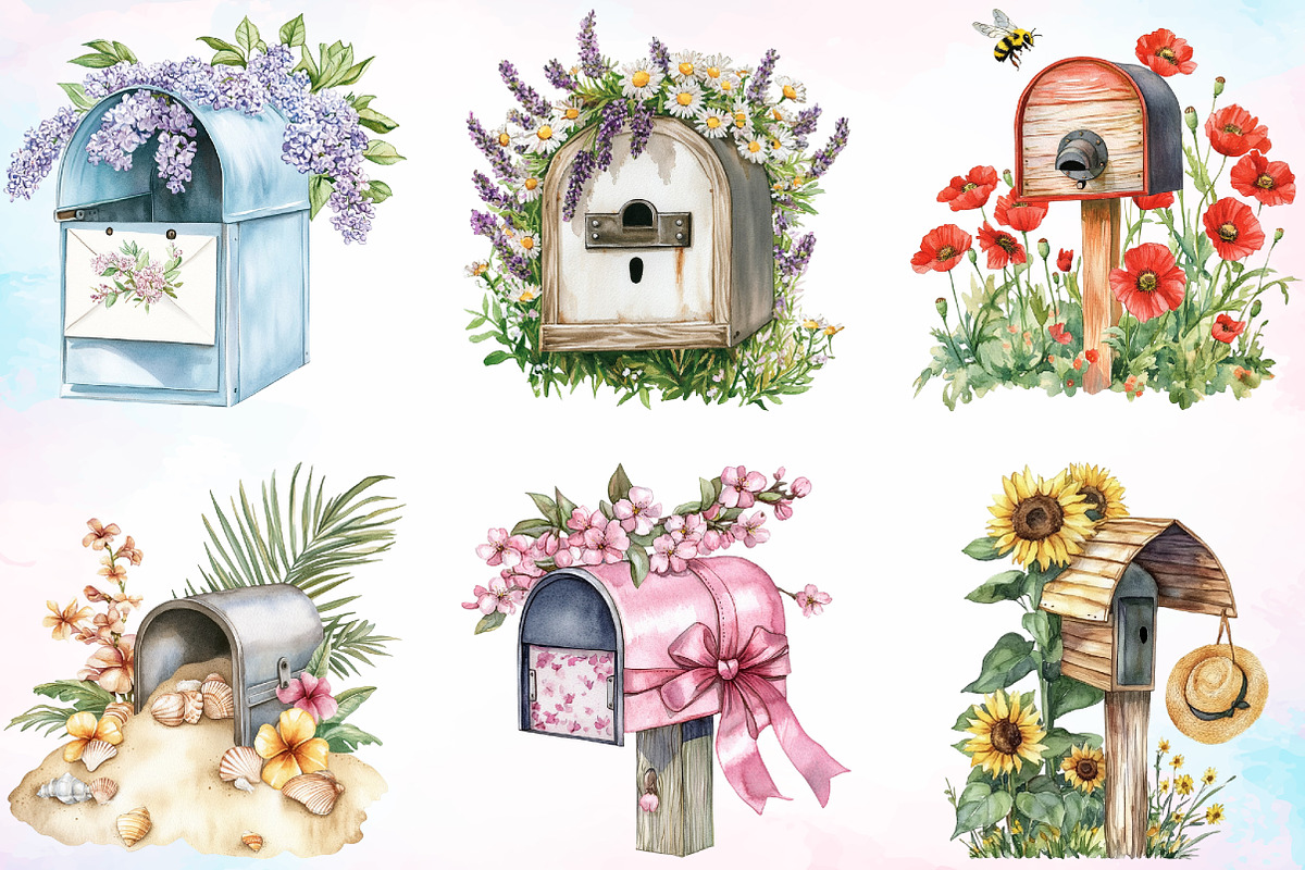 Watercolor Summer Mailbox Clipart, an Illustration by Canvas Craft (Photo 2 of 4)