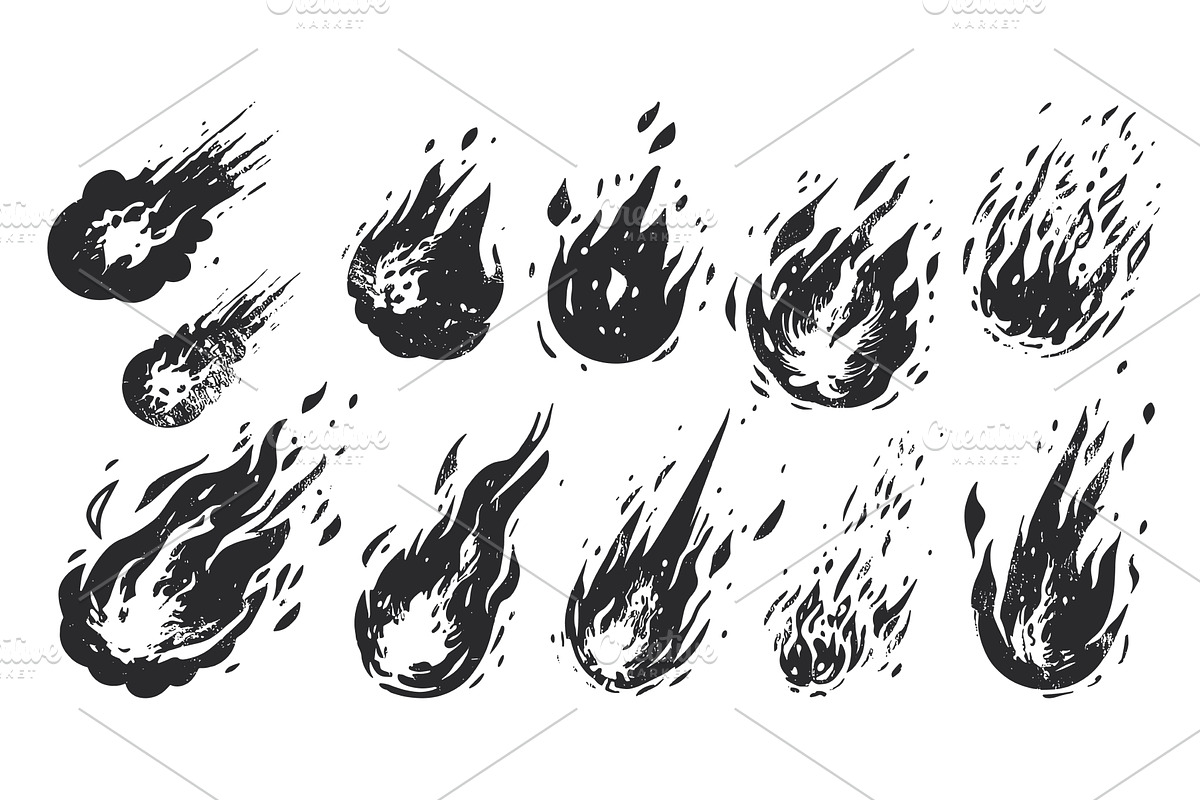 Fireballs Hand Drawn Linocut Grunge, an Object Illustration by LadadikArt