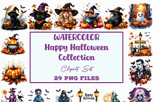 Watercolor Happy Halloween PNG Set