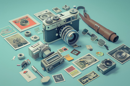 A collection of vintage cameras, len, a Photo by Tanuart