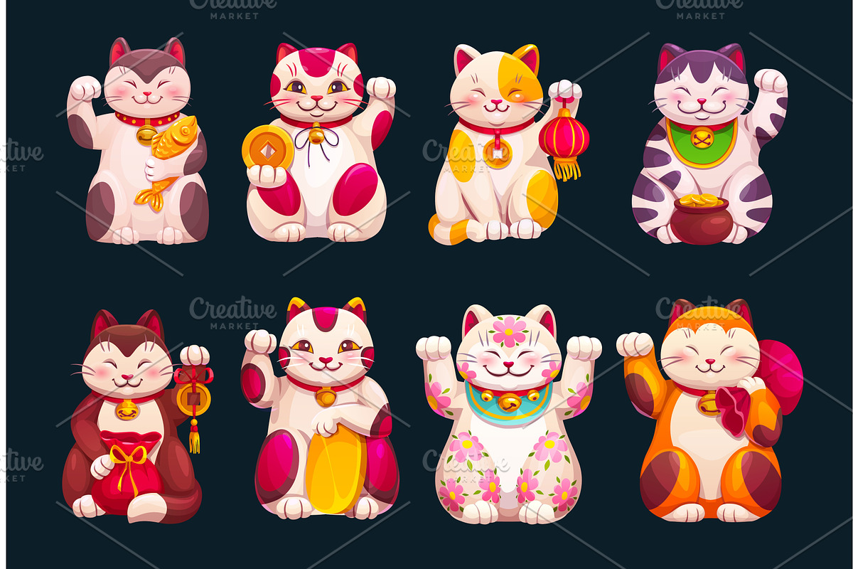 Cartoon japanese maneki neko cats, an Animal Illustration by Vector Tradition