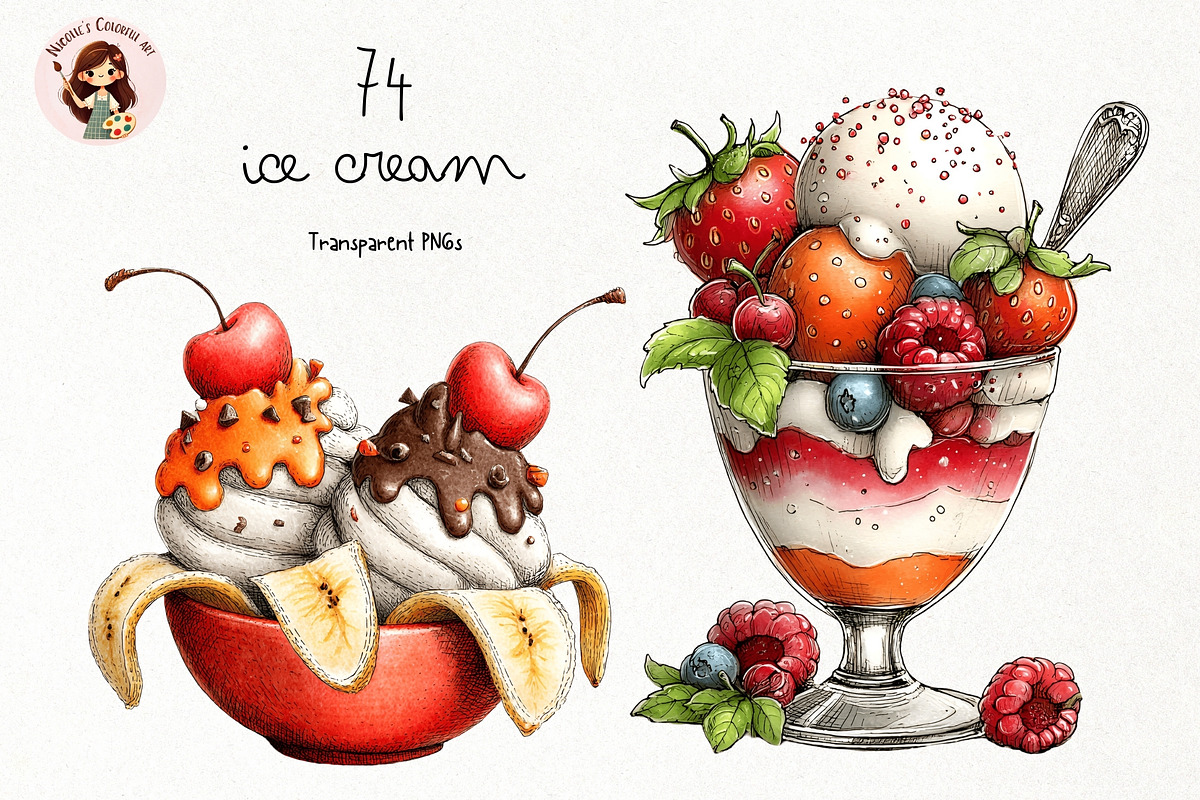Ice Cream Watercolor Clipart PNG, a Food Illustration by Nicolle's Colorful Art (Photo 1 of 6)