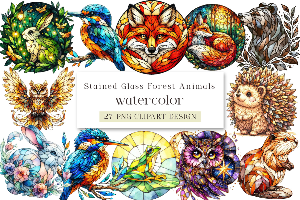 Stained Glass Forest Animals Clipart, a Seasonal Illustration by DreamArtGraphic (Photo 1 of 4)