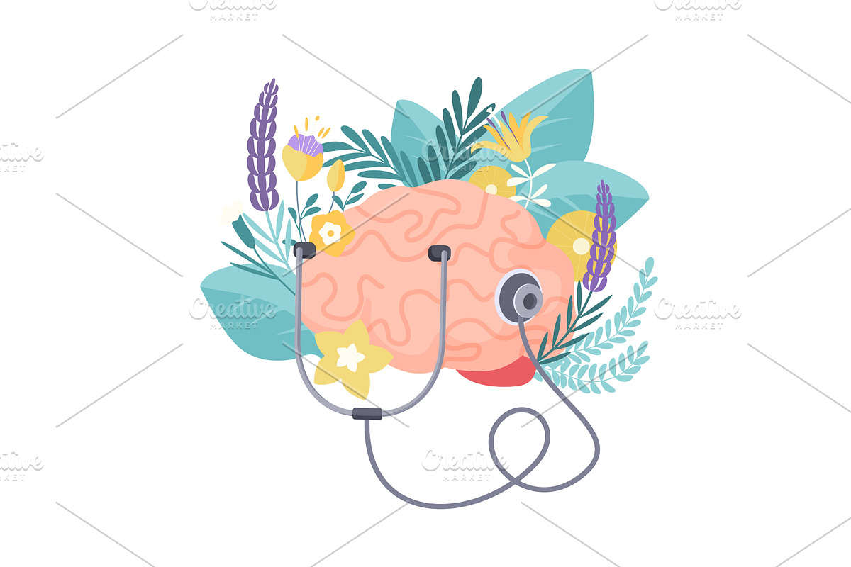 Human brain with summer flowers and, an Object Illustration by Lemberg Vector