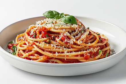 A plate of spaghetti topped with tom, a Photo by LOGOCREATIVE