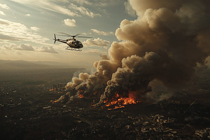 Roaring fire consuming buildings, an Illustration by wavebreak