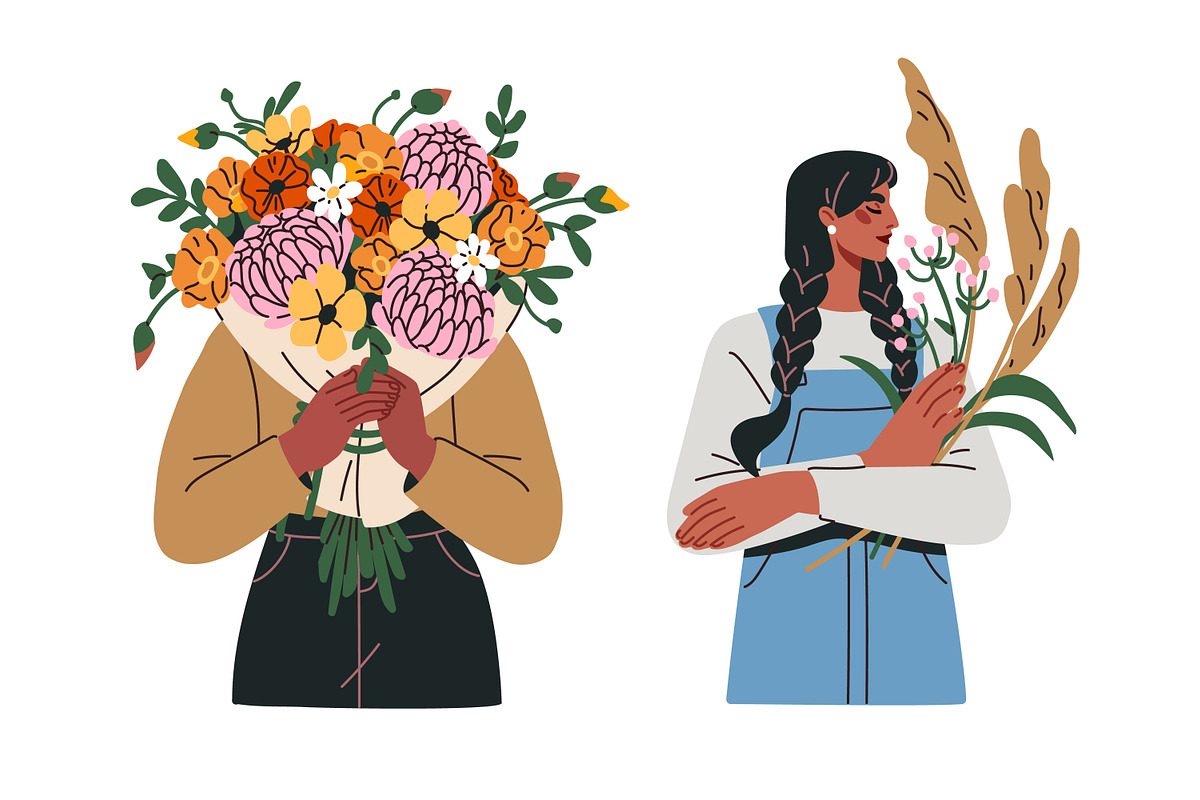 Happy women with flower bouquets set, a Person Illustration by Good Studio (Photo 5 of 12)
