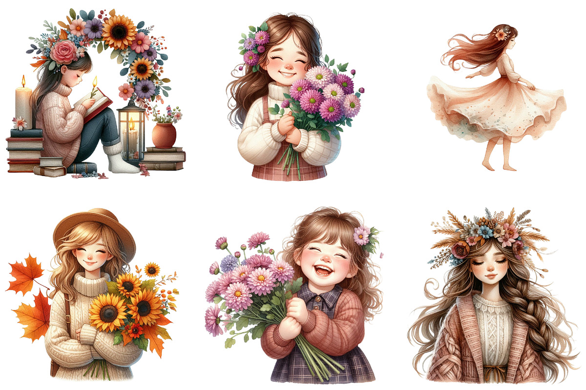 Girls with Fall Flowers Clipart, an Illustration by DreamArtGraphic (Photo 5 of 5)