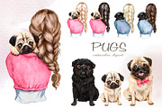 Pugs dogs watercolor clipart., an Animal Illustration by SavinV (Thumbnail 1 of 7)