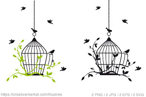 Birdcage with birds, vector