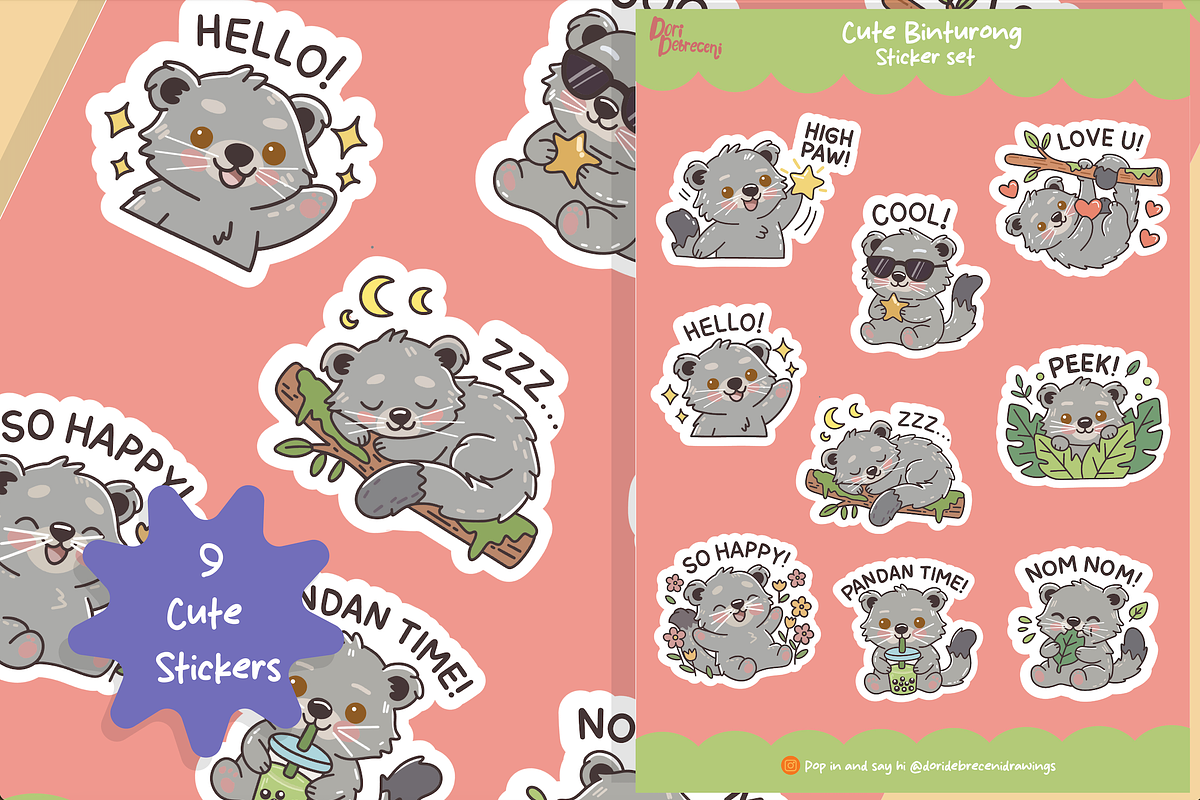 Cute Kawaii Binturong Sticker Set, an Illustration by Dori Debreceni draws (Photo 3 of 4)