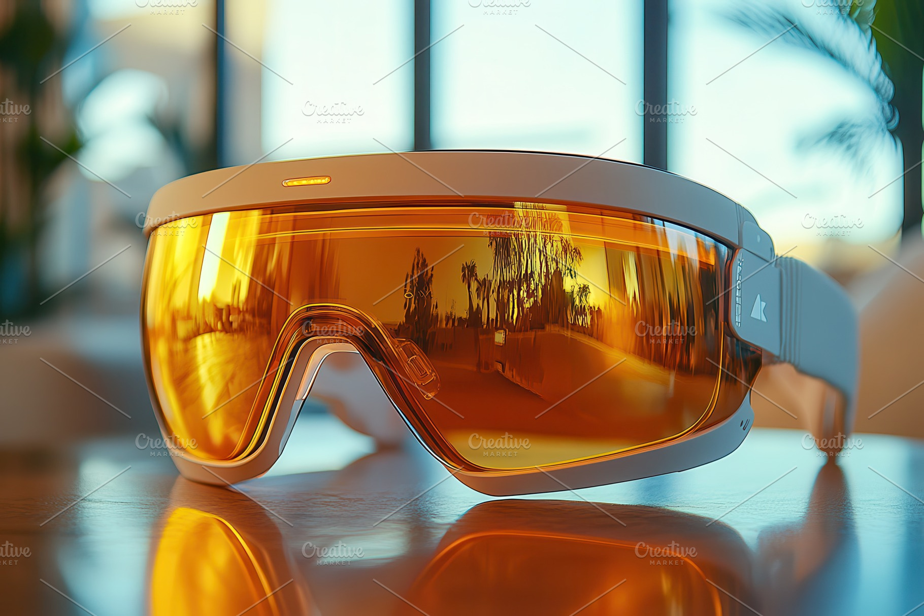 Stylish sports sunglasses on a table, a Photo by Tanuart