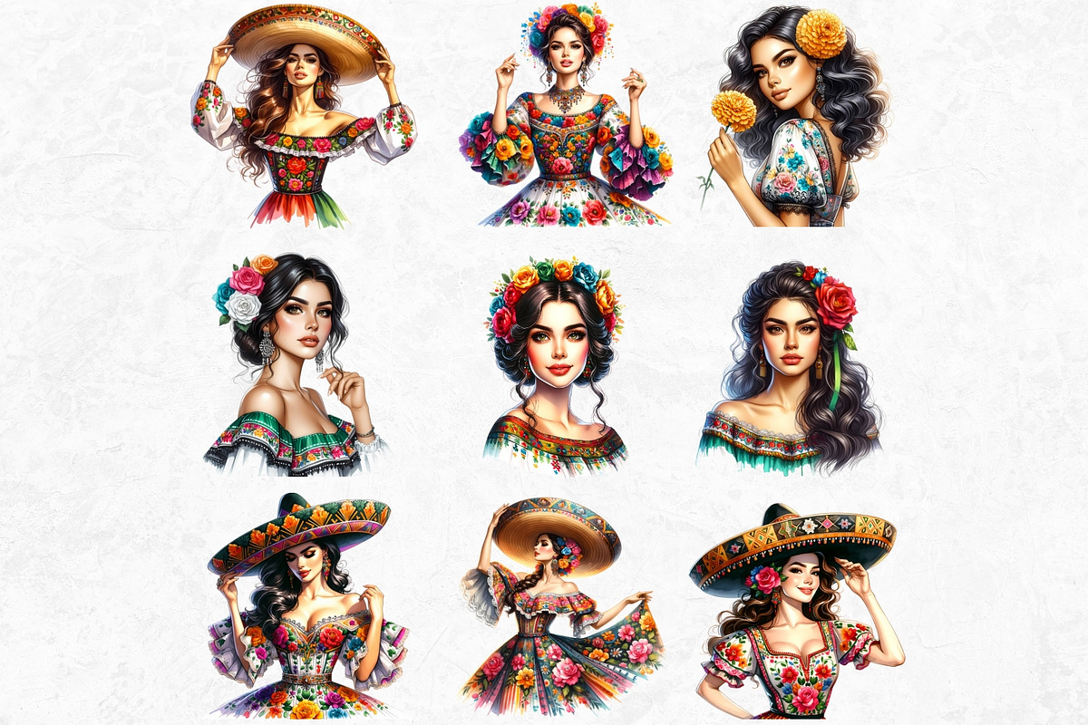 Mexican girls Clipart Set, a Person Illustration by ThatsDesignArt (Photo 7 of 10)