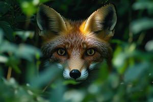 Red fox peers through a lush screen, an Animal Photo by Pixeness Studio