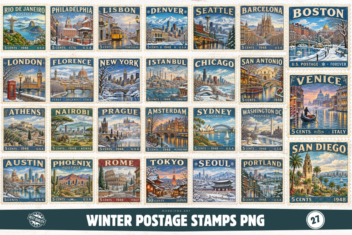 Winter Postage Stamps PNG, a Seasonal Illustration by Markicha Art (Photo 1 of 5)