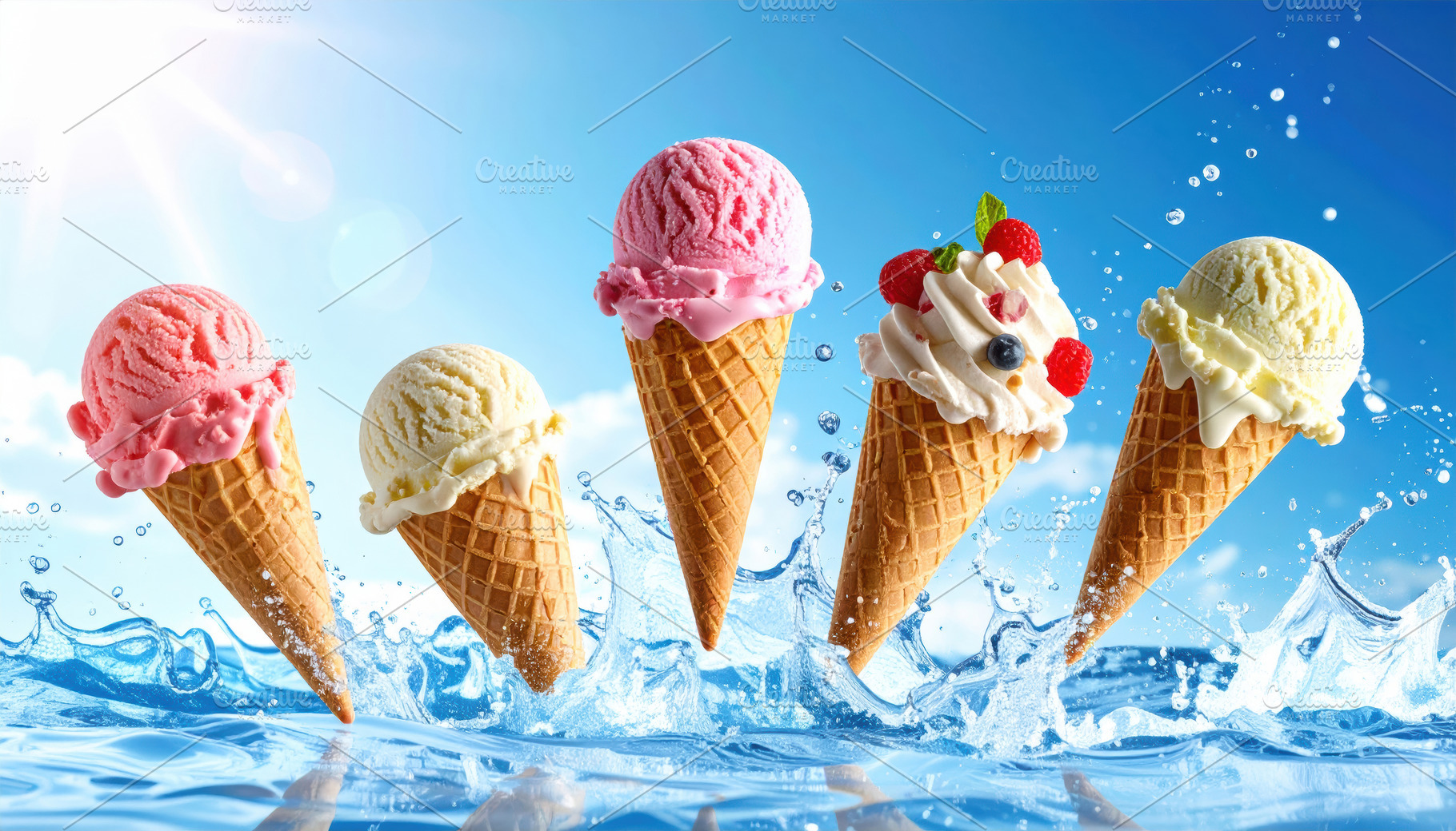 Colorful Ice Cream Cones Splashing in Water, a Food & Drink Photo by Davizro's Market