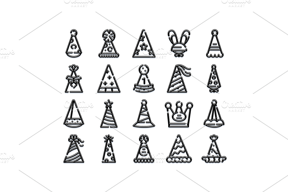 Party hats collection line art icons, an Object Illustration by pikepicture