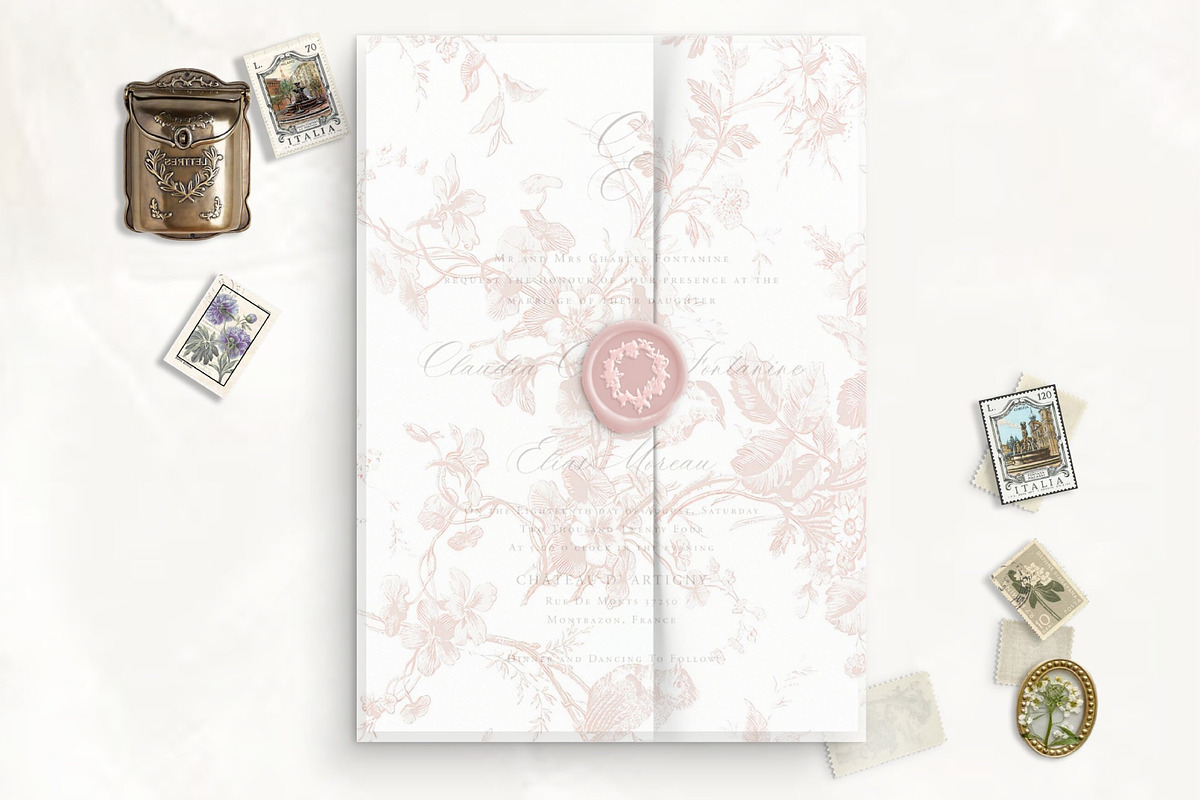 Peony Pink Rose Toile Vellum Jacket, a Stationery Template by SilverJoyAtelier (Photo 3 of 3)